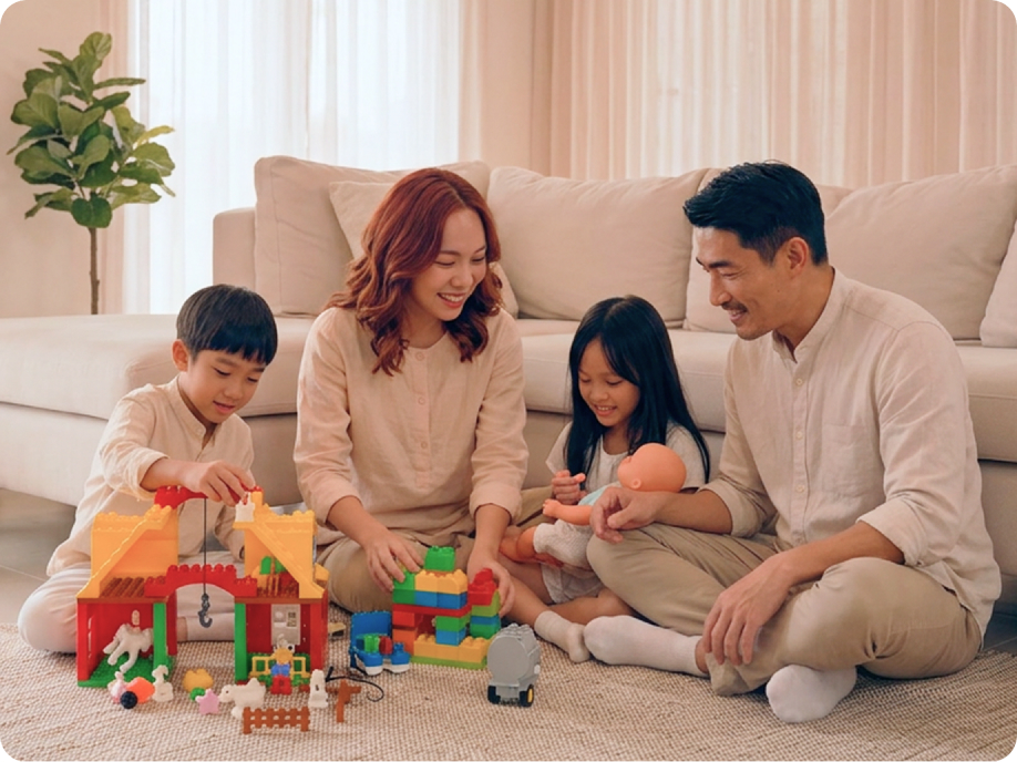 A family playing together on the living room floor