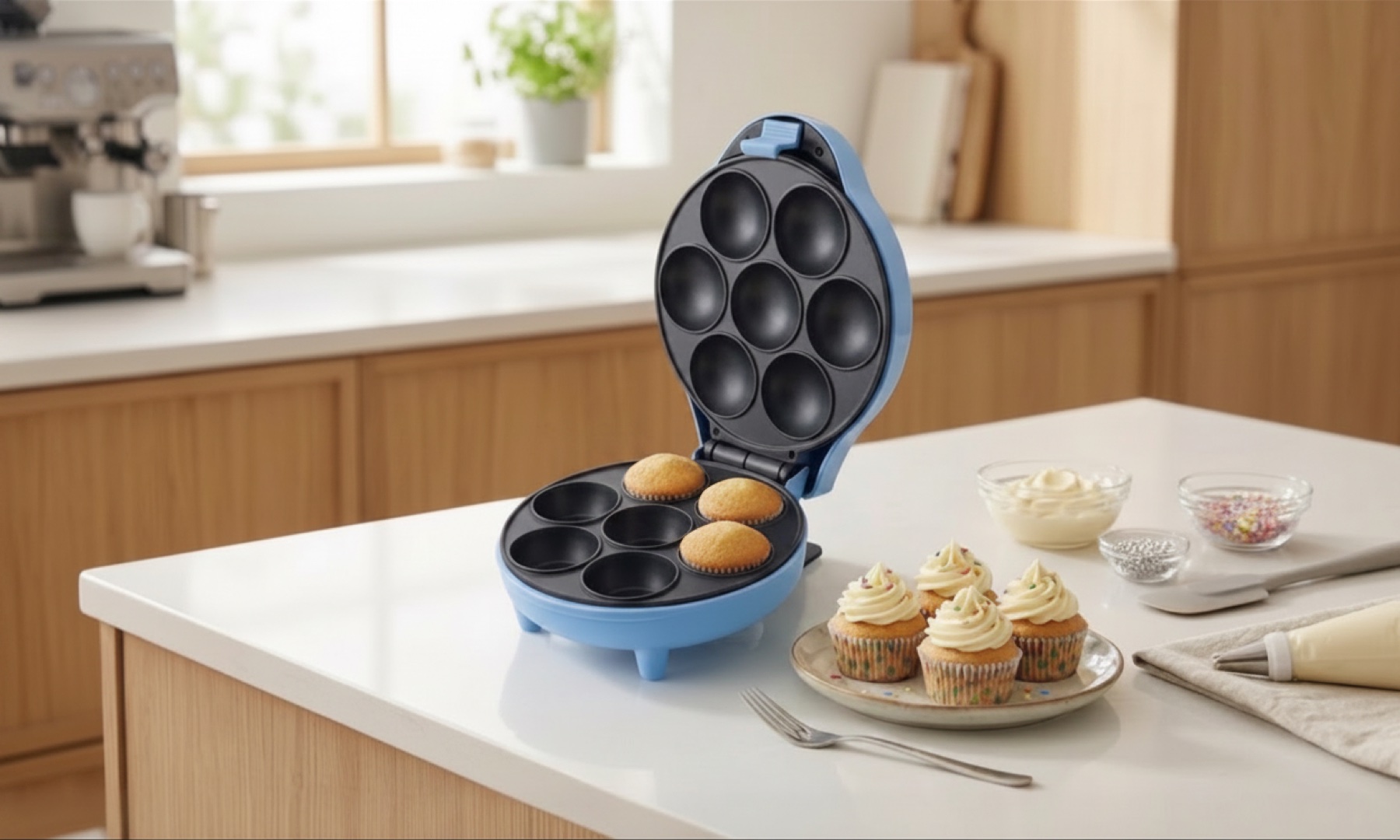 Cup Cake Maker in use in a bright kitchen