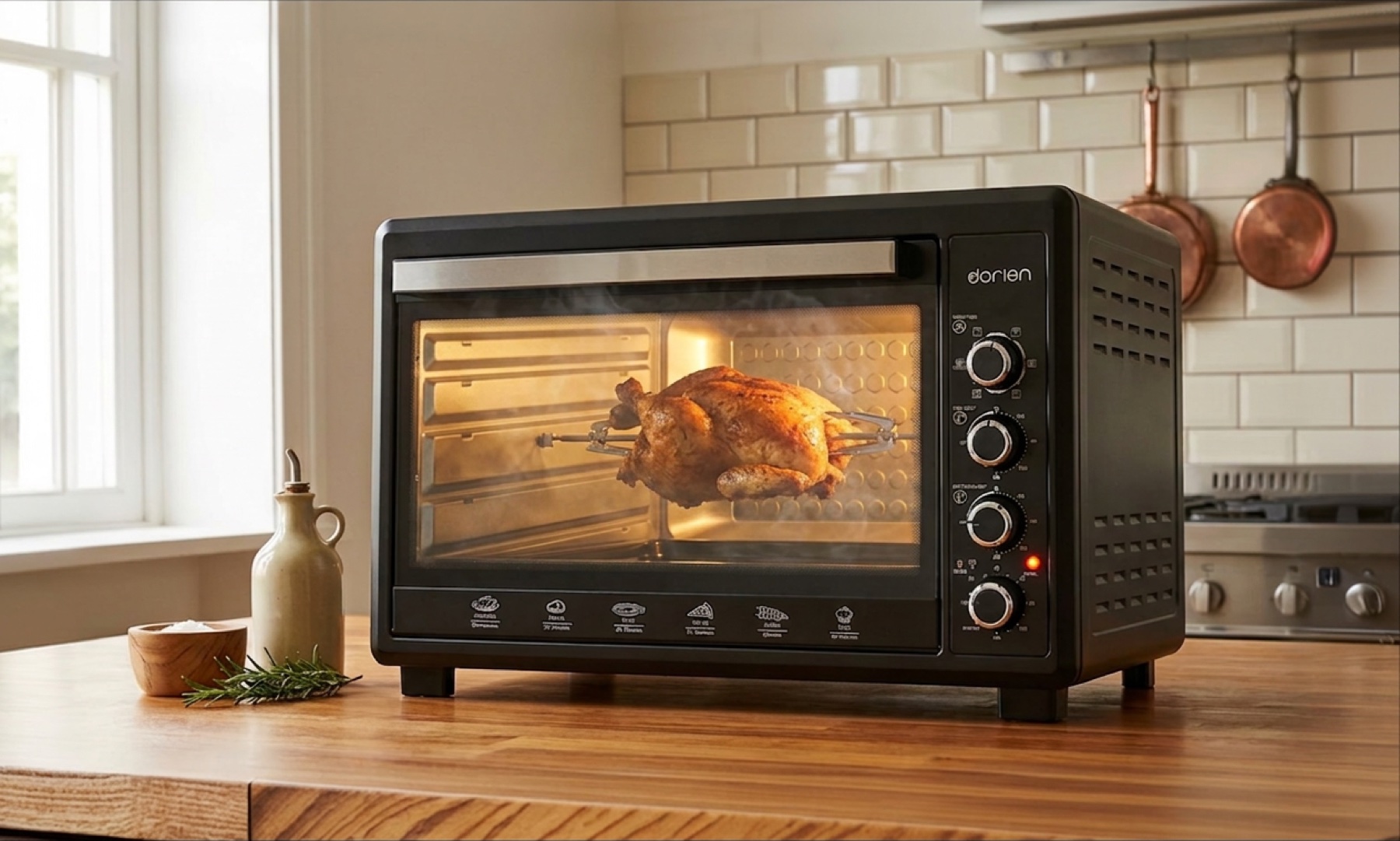 Electric oven roasting a chicken
